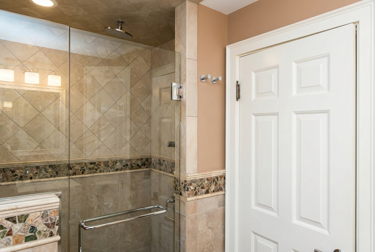 Bathroom with walk-in shower with glass door and beige tiled walls, beige walls, and a white door.