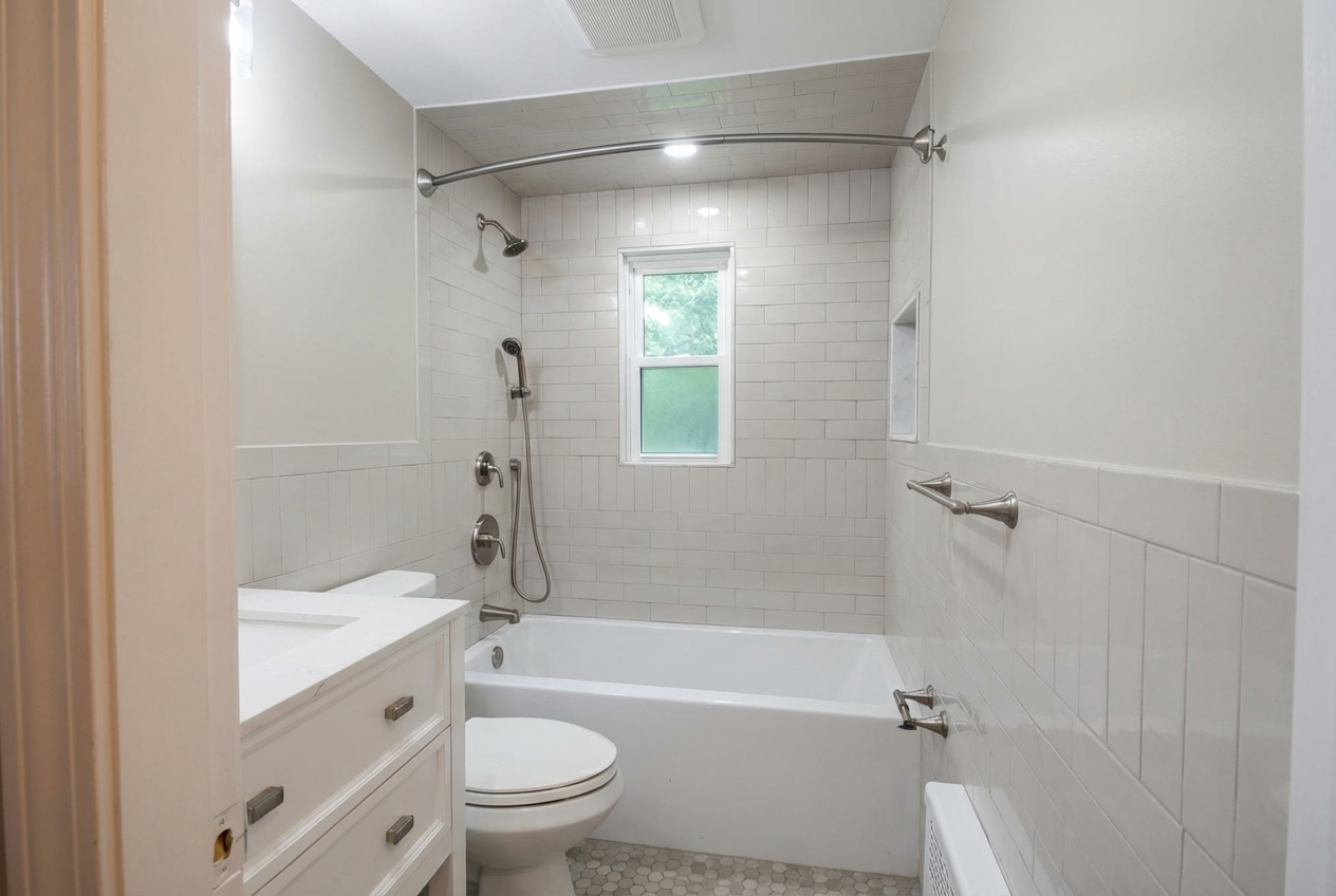 Bathroom with white tiles, bathtub, window, shower fixtures, and white vanity.