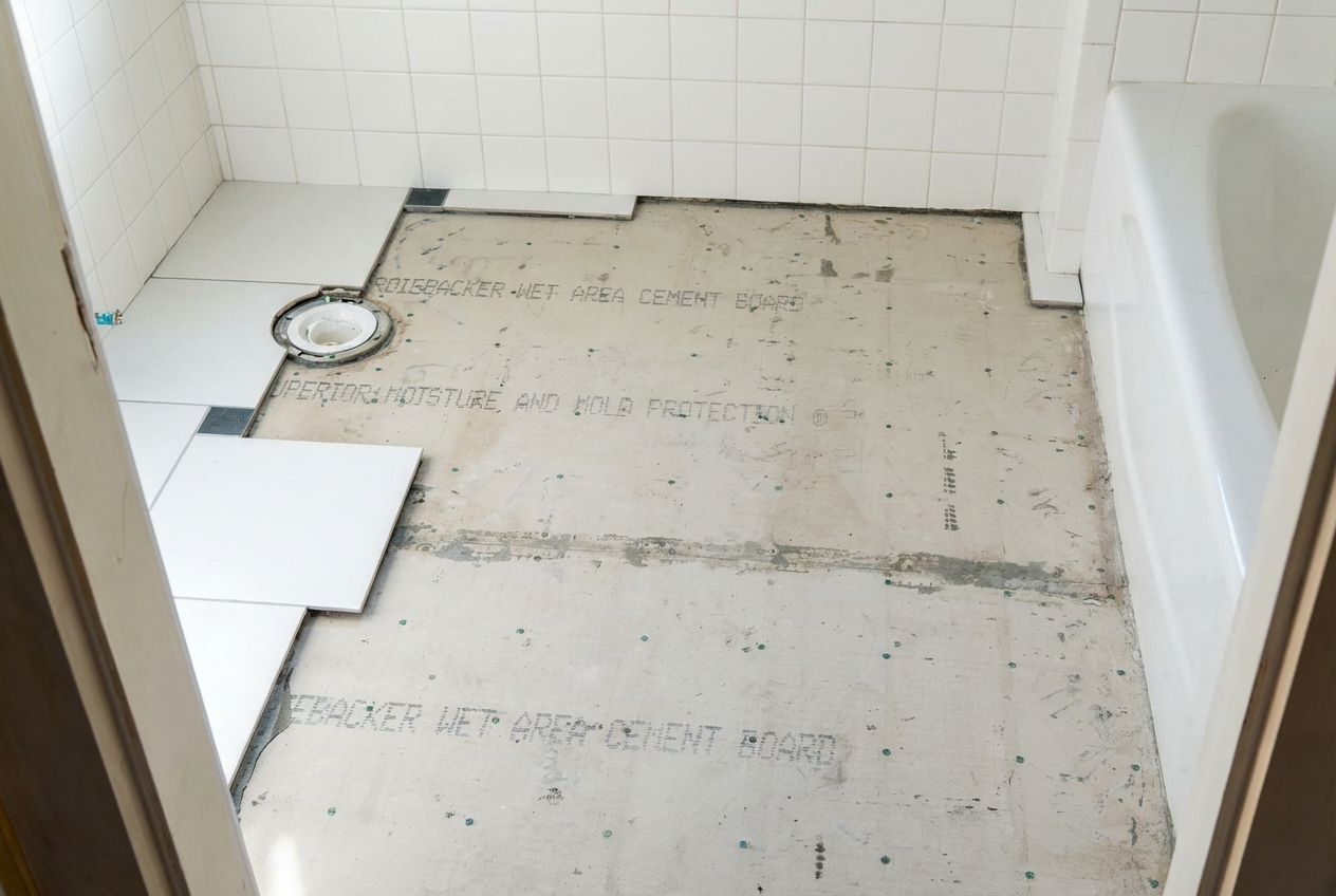 Bathroom floor under construction with partial white ceramic tiles installed, a toilet flange visible, and a cement board with printed instructions for moisture barrier and protection.
