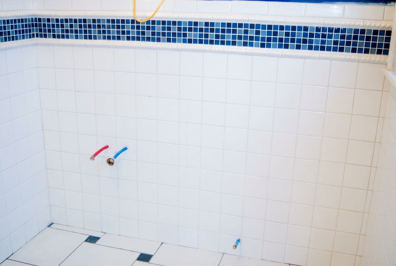 Empty wall with white tiles in a bathroom, with red and blue water supply hoses and a small floor drain.