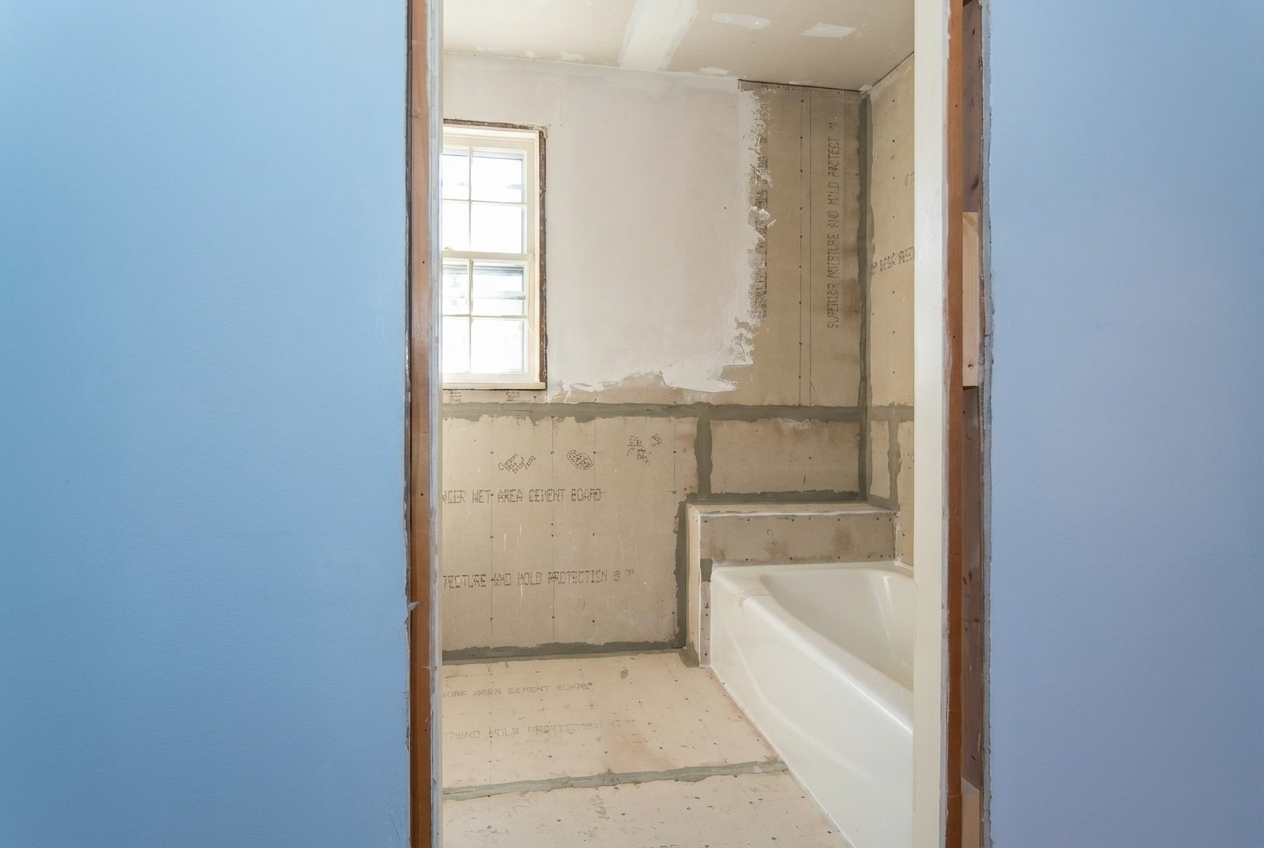View of a partially constructed bathroom with a bathtub, unfinished drywall, a window, and framing visible.