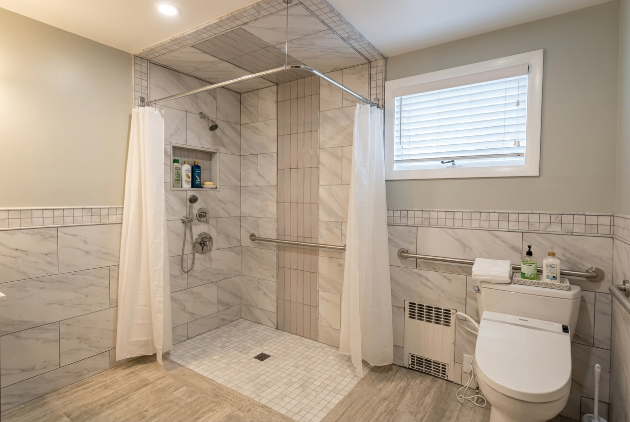 Bathroom with walk-in shower featuring marble tiles, a toilet with a towel and soap on top, a window with blinds, and wooden flooring.
