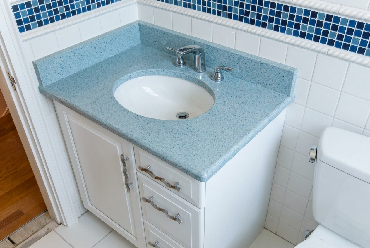 Bathroom sink with light blue speckled countertop, white cabinet, silver handles, and a silver faucet. Part of a toilet is visible on the right, with white tiled walls and a decorative blue tile border.