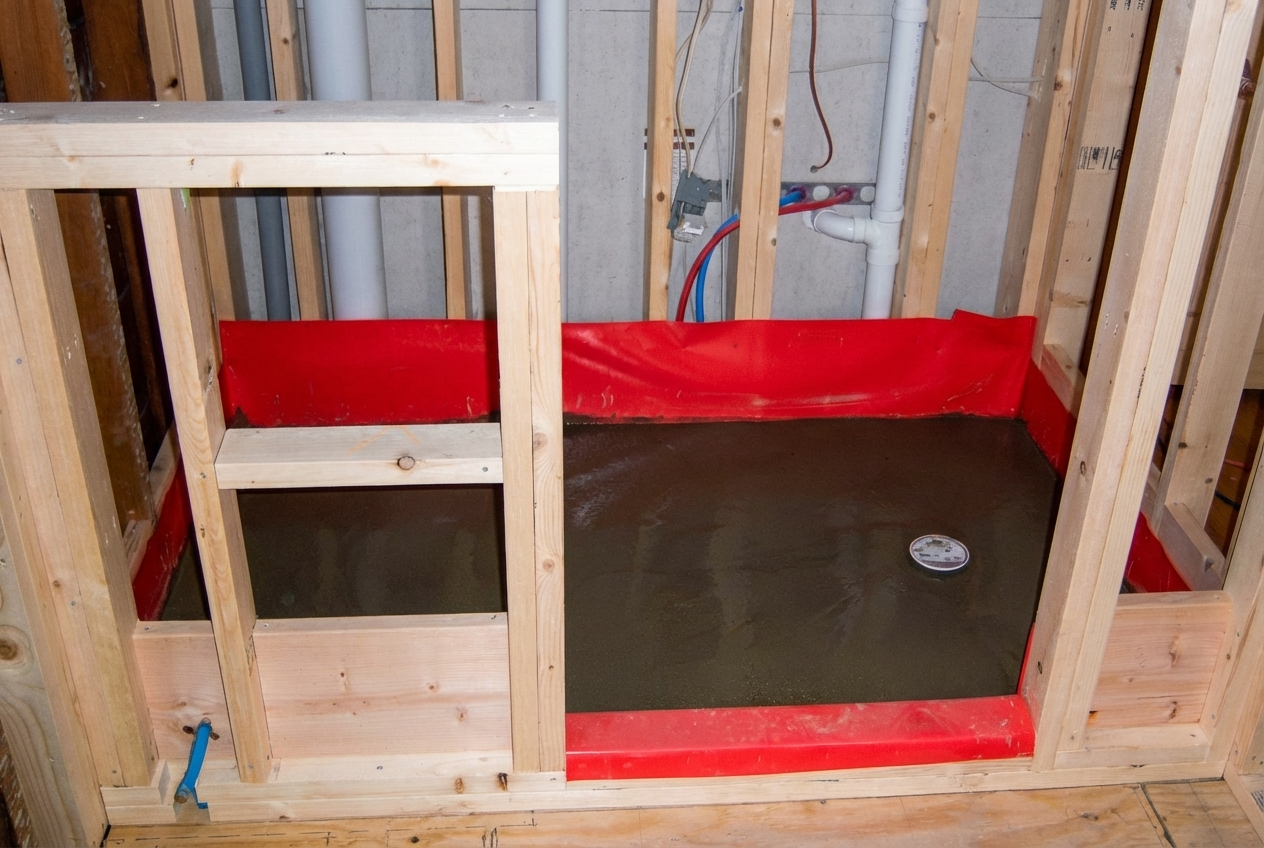 Bathroom under construction with a wooden frame and a concrete floor with drainage.