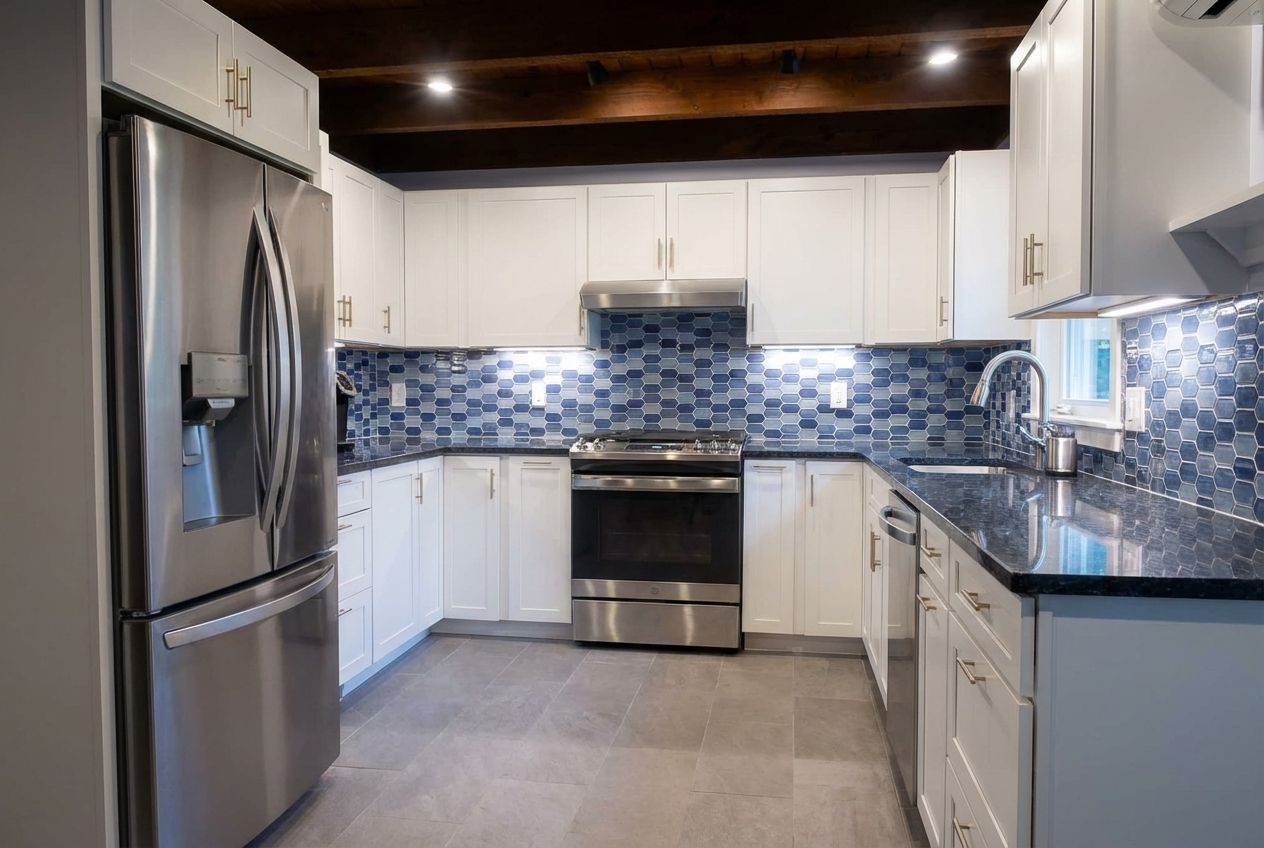 Modern kitchen with white cabinets, stainless steel refrigerator and oven, blue hexagon tile backsplash, black granite countertops, and wood-paneled ceiling.