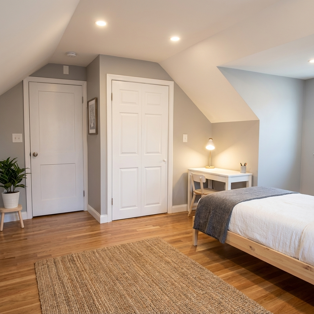 A bedroom with a bed, a white desk with a lamp and a small plant, a wooden chair, a closet with double doors, a potted plant on a small stool, and a rug on a hardwood floor.