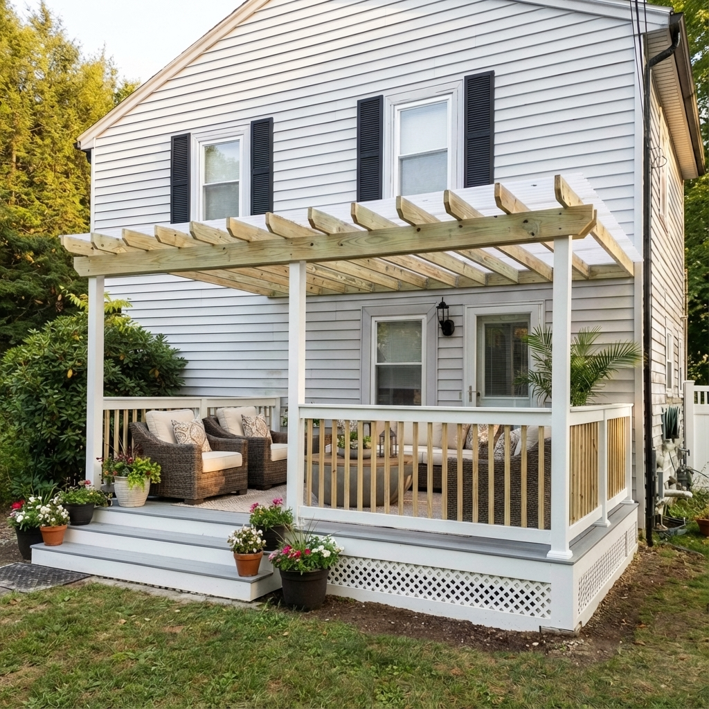 A backyard patio with outdoor seating and potted flowers, attached to a white two-story house with black shutters. The patio has a wooden pergola frame, supported by white posts, with no roof yet installed. The house has a sliding glass door and two windows on the upper part.