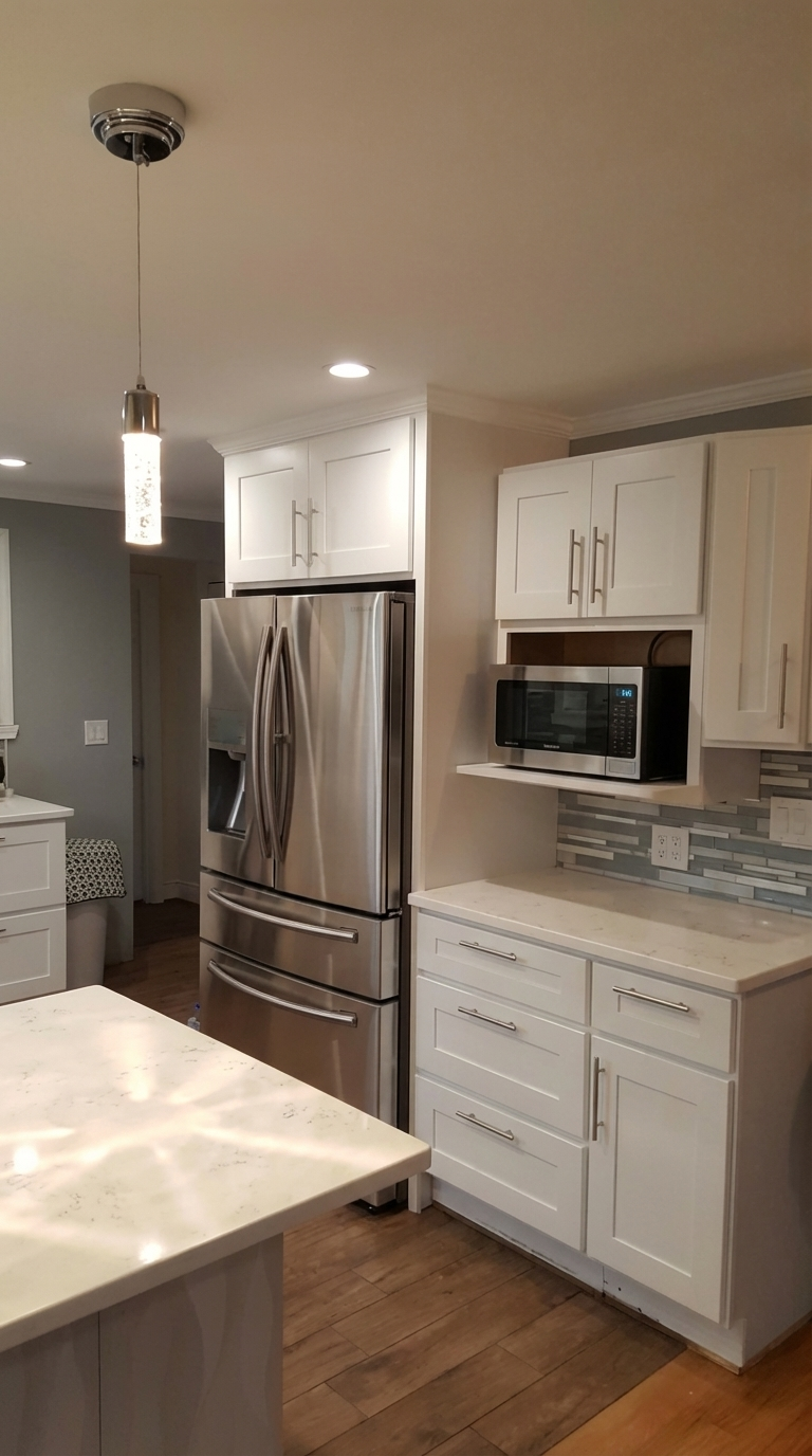 Stainless steel refrigerator, white kitchen cabinets, microwave, marble countertop, wood flooring, modern kitchen decor.