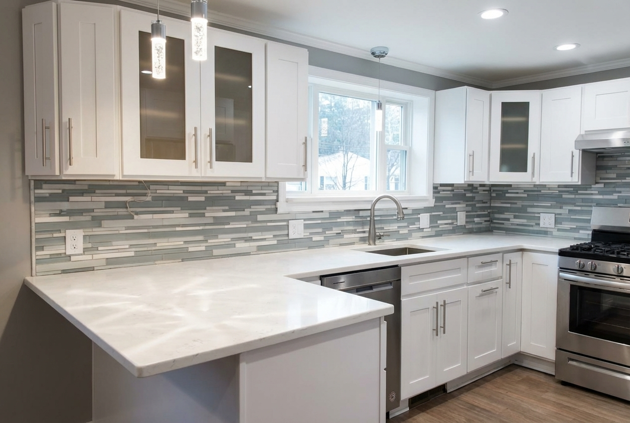 Modern kitchen with white cabinets, a mosaic tile backsplash, a window above the sink, stainless steel appliances, and a marble countertop.