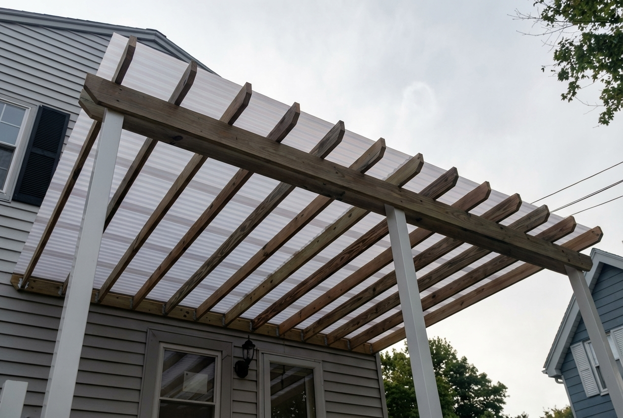 An outdoor structure with a framework of wooden and white painted support beams over a patio area, attached to the side of a house.