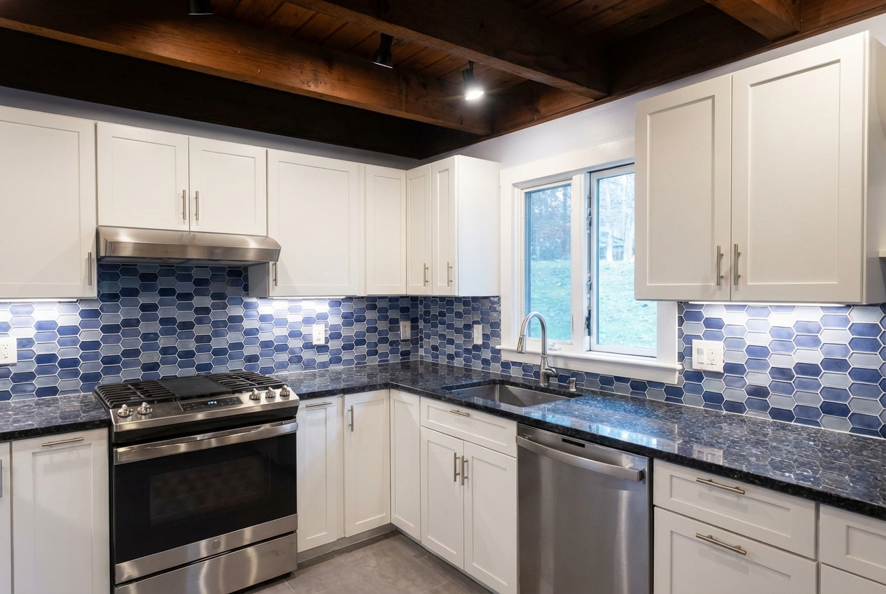 Modern kitchen with white cabinets, black granite countertops, blue hexagonal tile backsplash, stainless steel appliances, and a window above the sink.