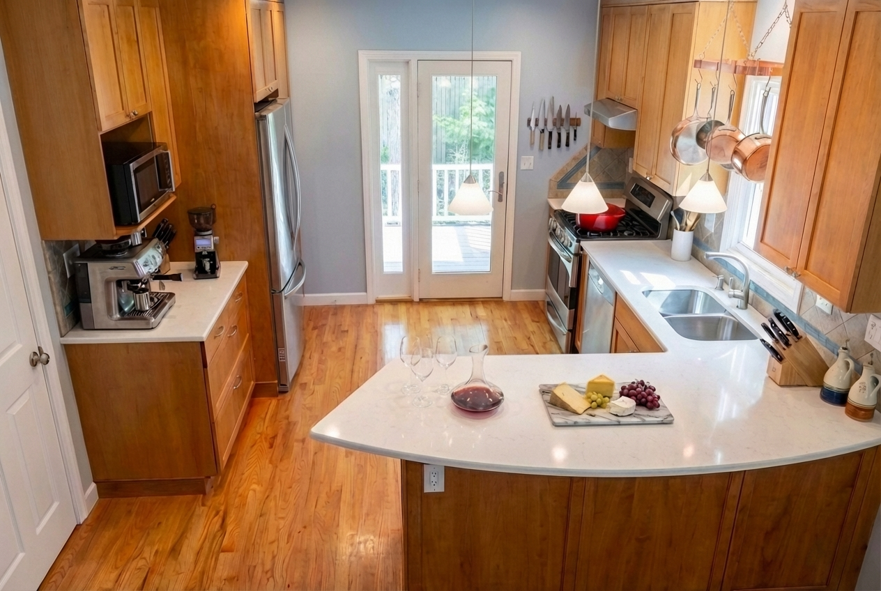 Kitchen with wooden cabinets, white countertops, stainless steel appliances, and a sliding glass door leading outside. There are three hanging pendant lights above the countertop and a cutting board with cheese, grapes, and a decanter of red wine.
