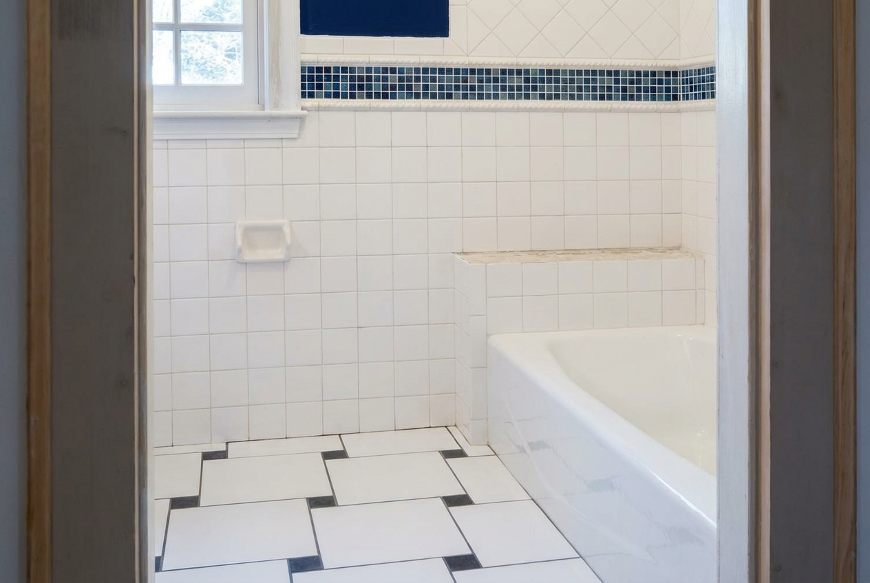 Bathroom with a bathtub, white tiled walls, and a window with a blue shade. The floor has black and white patterned tiles.