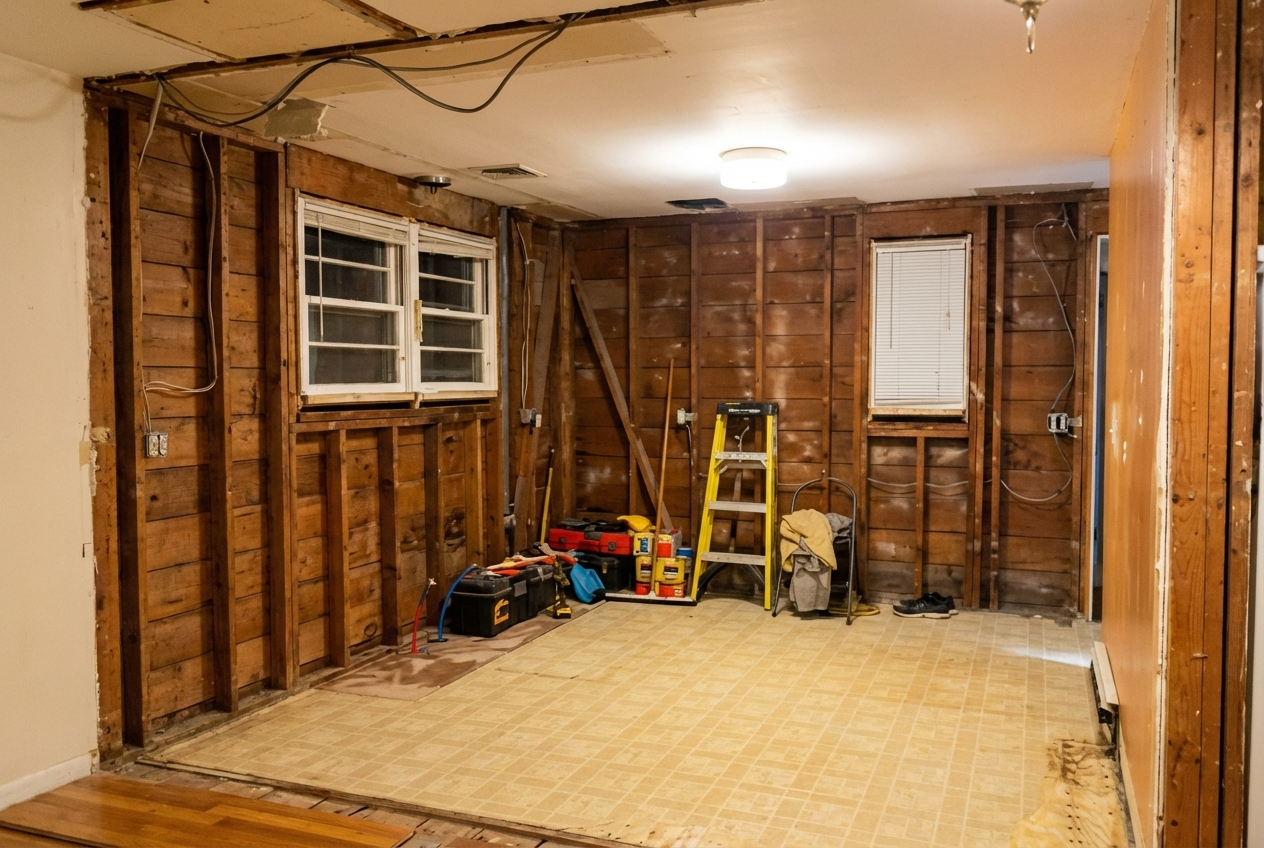Unfinished room with exposed wooden wall framing, two small windows, construction tools, a yellow step ladder, and a partially removed floor ceiling