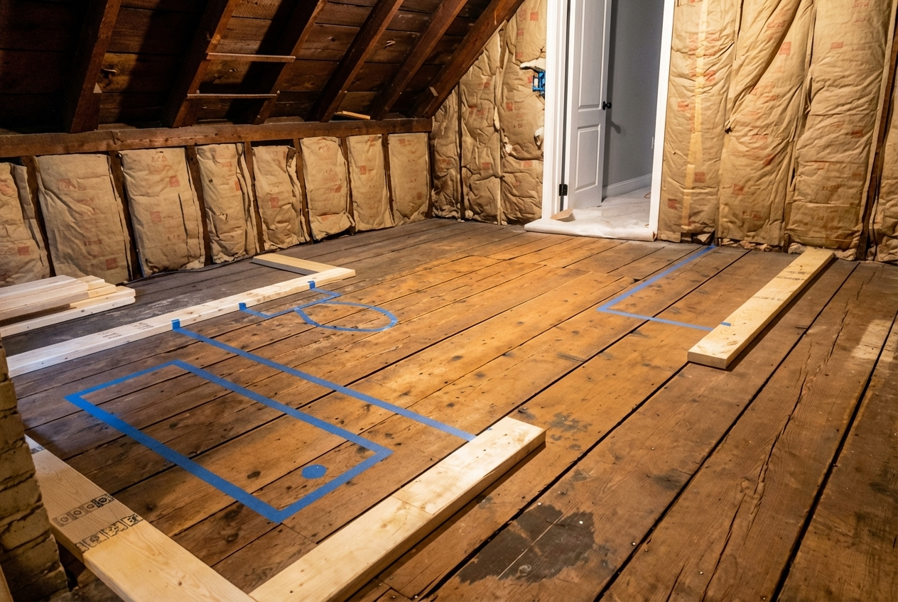 Attic room under renovation with new hockey rink markings on wooden floor and insulation on the walls.