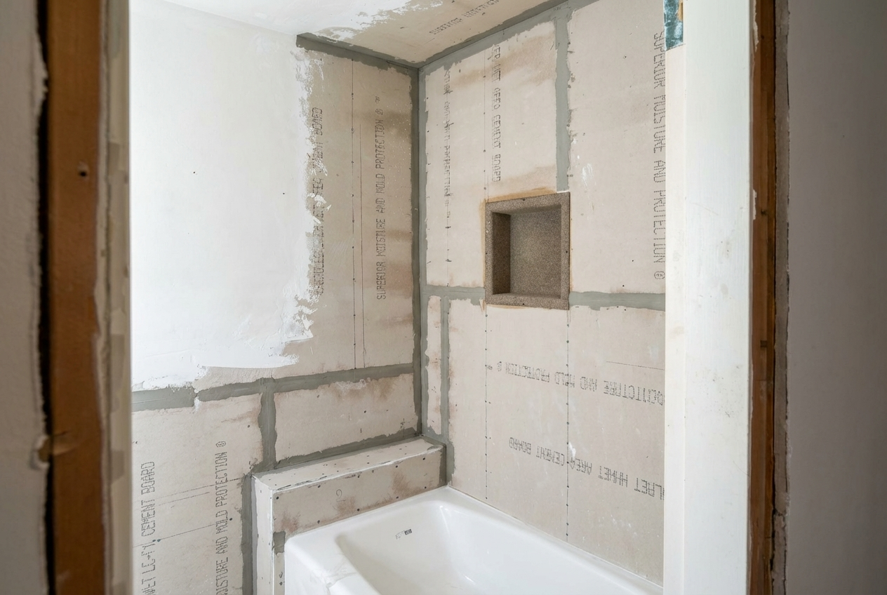 A bathroom under construction with drywall and a shower area, featuring a built-in niche for toiletries.