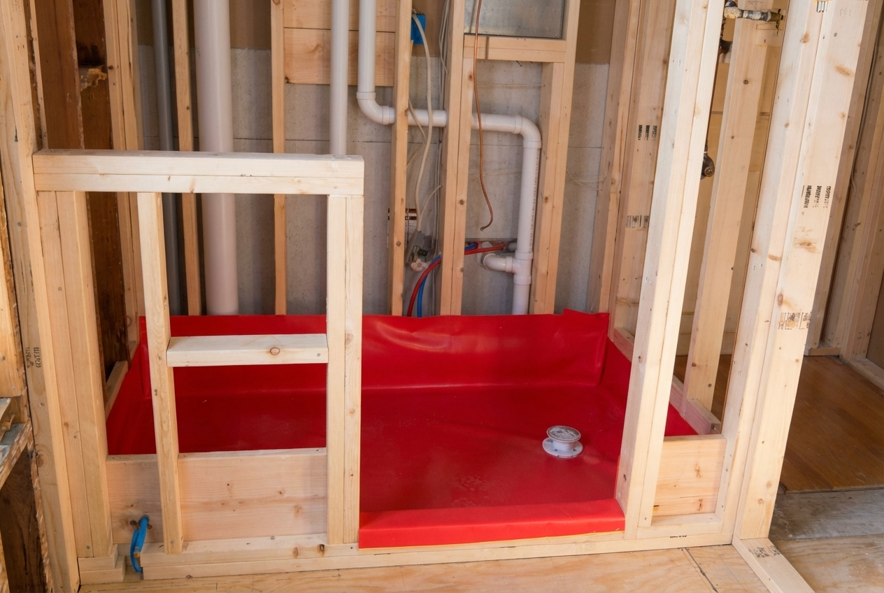 Framing of a bathroom with a red waterproof pan installed for a shower or bathtub, and plumbing pipes visible in the background.