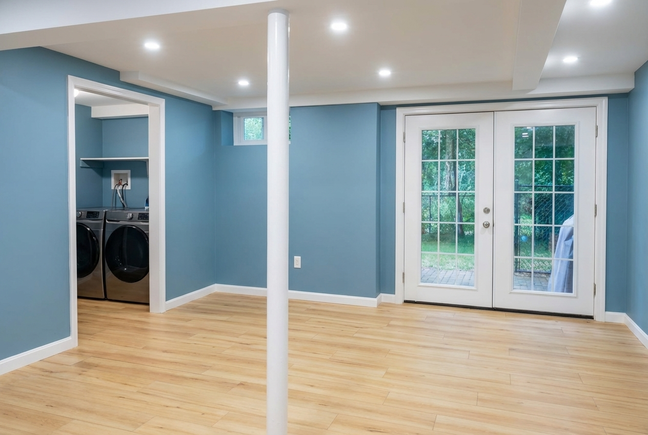 Empty laundry room with blue walls, hardwood flooring, a white support pole, and glass double doors leading to a backyard.