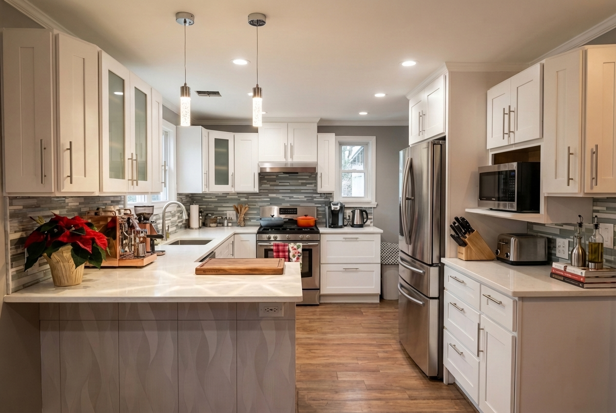 Modern kitchen with white cabinets, stainless steel appliances, a wooden countertop, and hardwood floors, decorated for the holidays with a poinsettia plant.