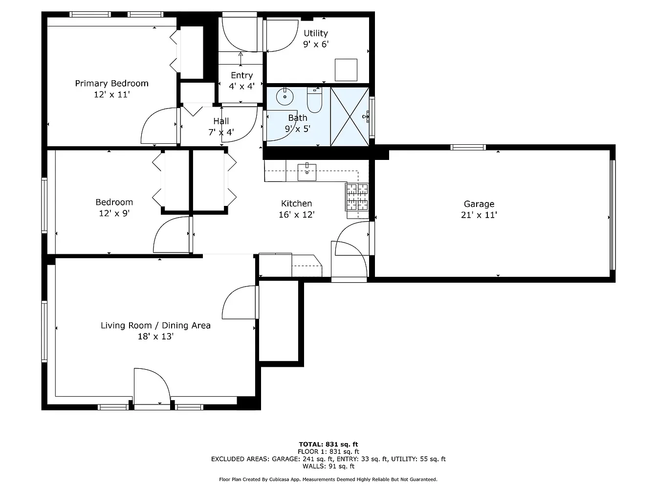 A detailed floor plan of a house showing rooms labeled as primary bedroom, bedroom, living room/dining area, kitchen, bathroom, utility room, entryway, and garage, with dimensions for each room.