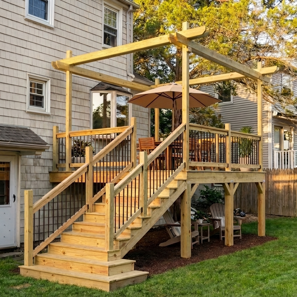 Wooden deck with stairs, railing, and a pergola frame, attached to a house, with outdoor furniture and a patio umbrella, in a backyard with trees.