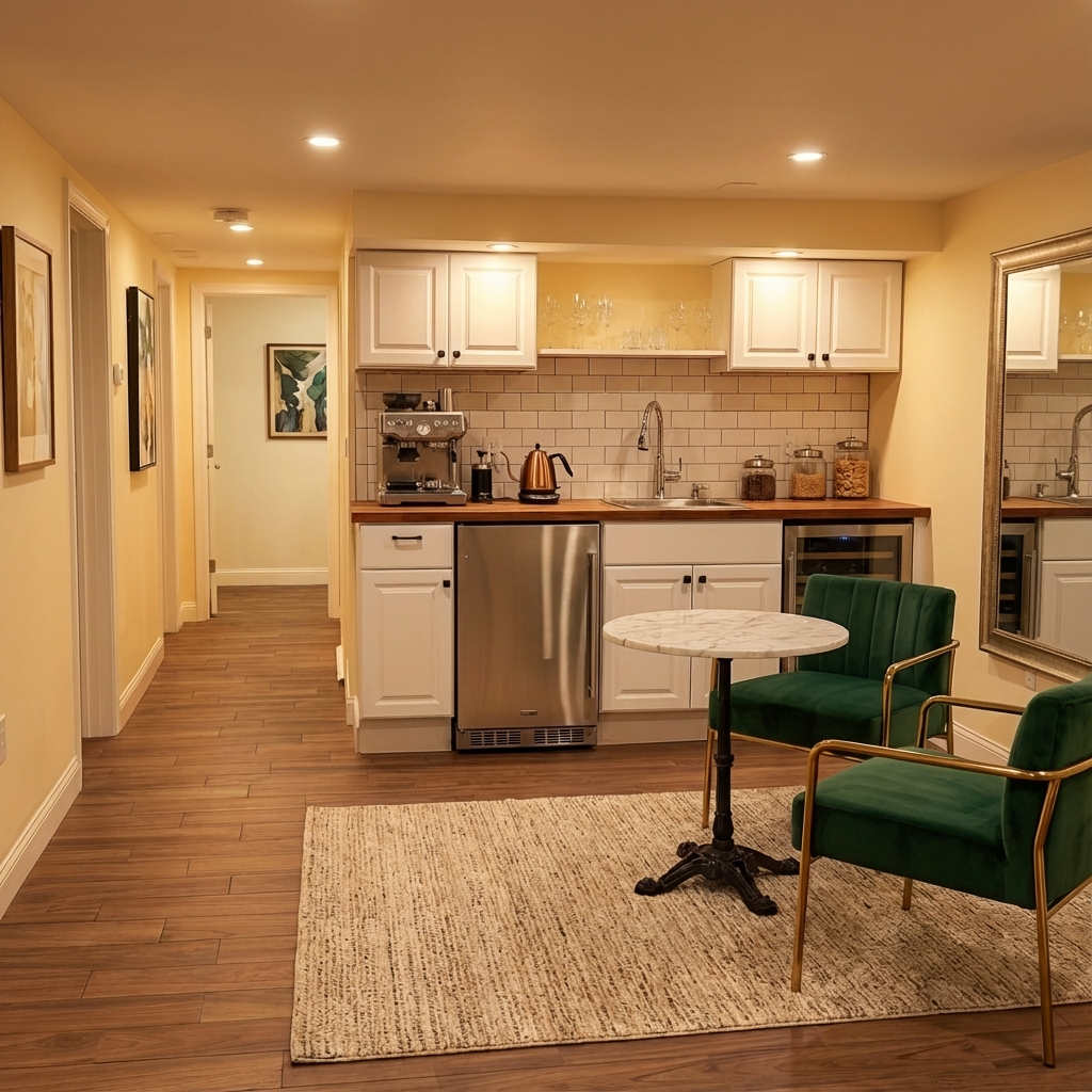 Small kitchen area with white cabinets, countertop with coffee machine and kettle, and a fridge. There is a marble-top round table with two green velvet chairs and a large mirror on the right wall. The floor is wooden, and there is a small rug under the table.