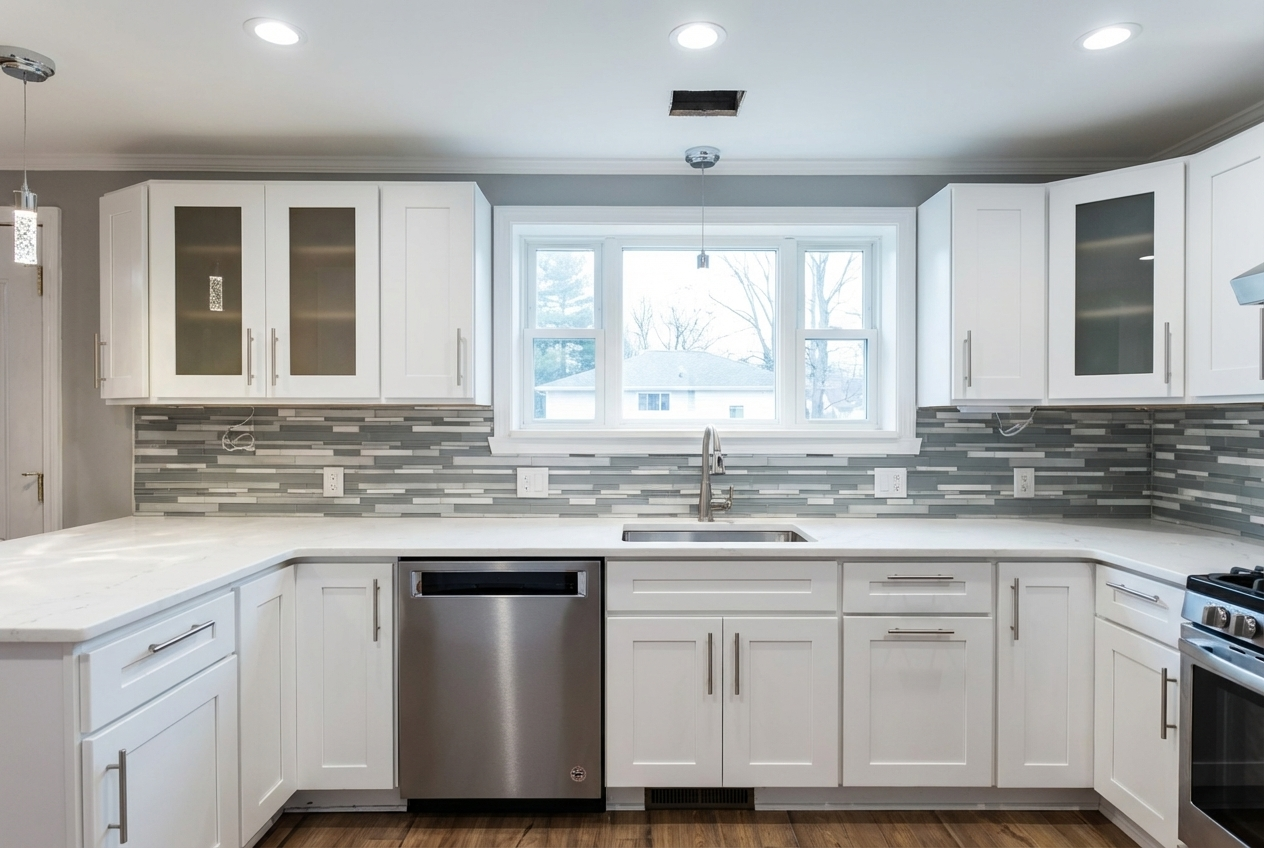 Kitchen with white cabinets, gray and white tile backsplash, stainless steel dishwasher, and a large window above the sink.