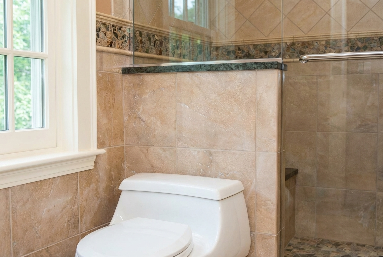 Bathroom with beige tiled walls, a white toilet next to a window, and a glass shower enclosure with a mosaic tile border.