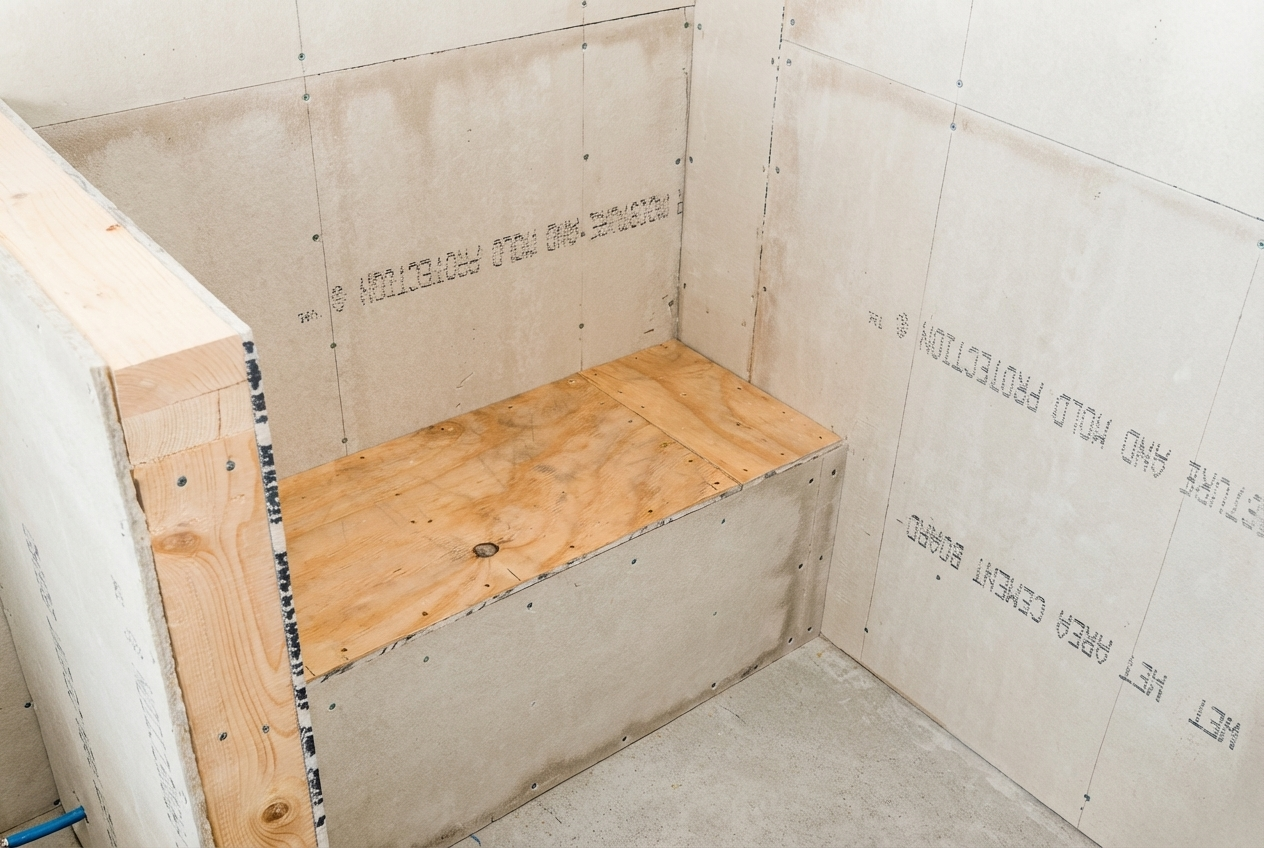 Corner of a room with partially installed drywall and a built-in wooden bench or seat.