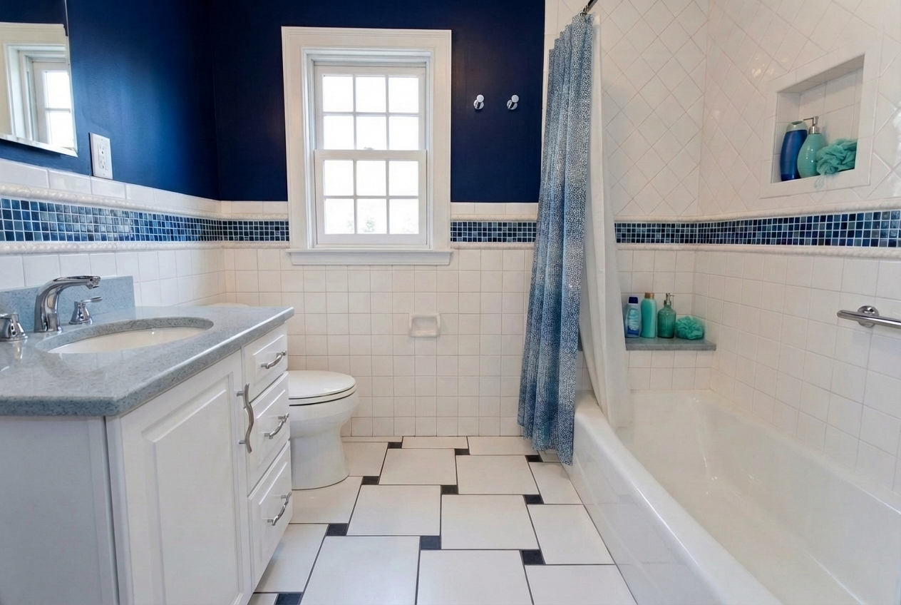 Bathroom with white tile floor, navy blue and white walls, a window, a white vanity with gray countertop, a toilet, and a bathtub with a shower curtain. There are built-in shelves with toiletries.