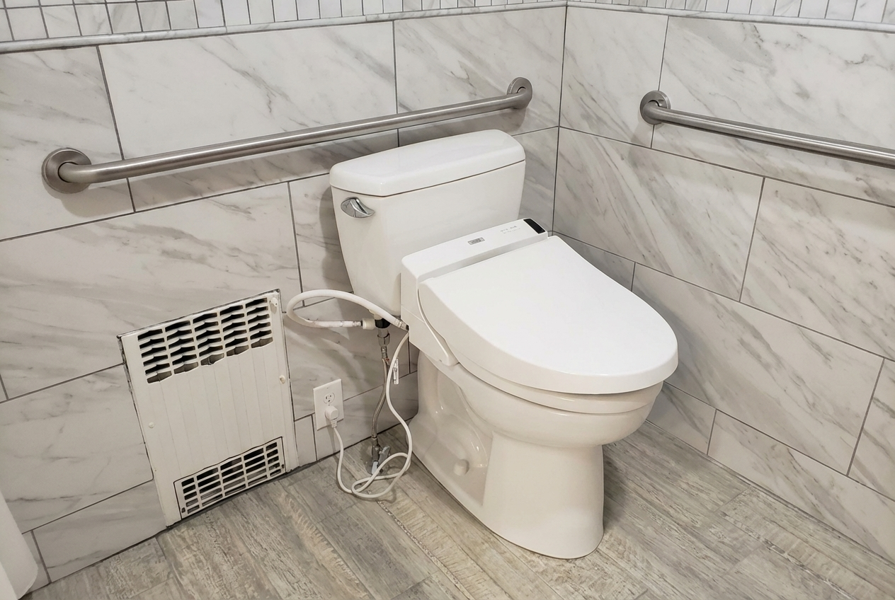 A white toilet in a bathroom with marble walls and a heated vent near the floor. Two metal grab bars are mounted on the walls on either side of the toilet.