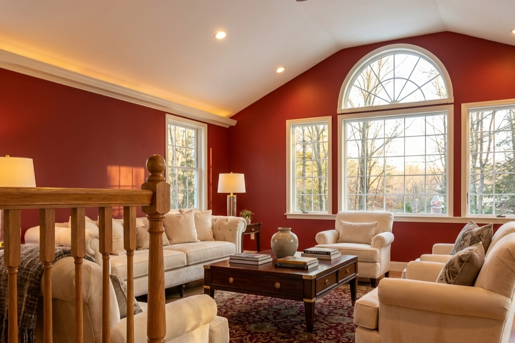 Living room with red walls, large arched window, white sofas, armchairs, coffee table, and lamps.
