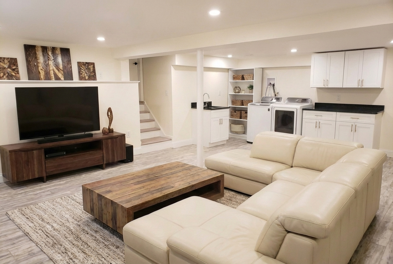 Living room with a beige sectional sofa, wooden coffee table, and a TV on a wooden stand. In the background, a laundry area with washer and dryer, white cabinets, and open shelves.