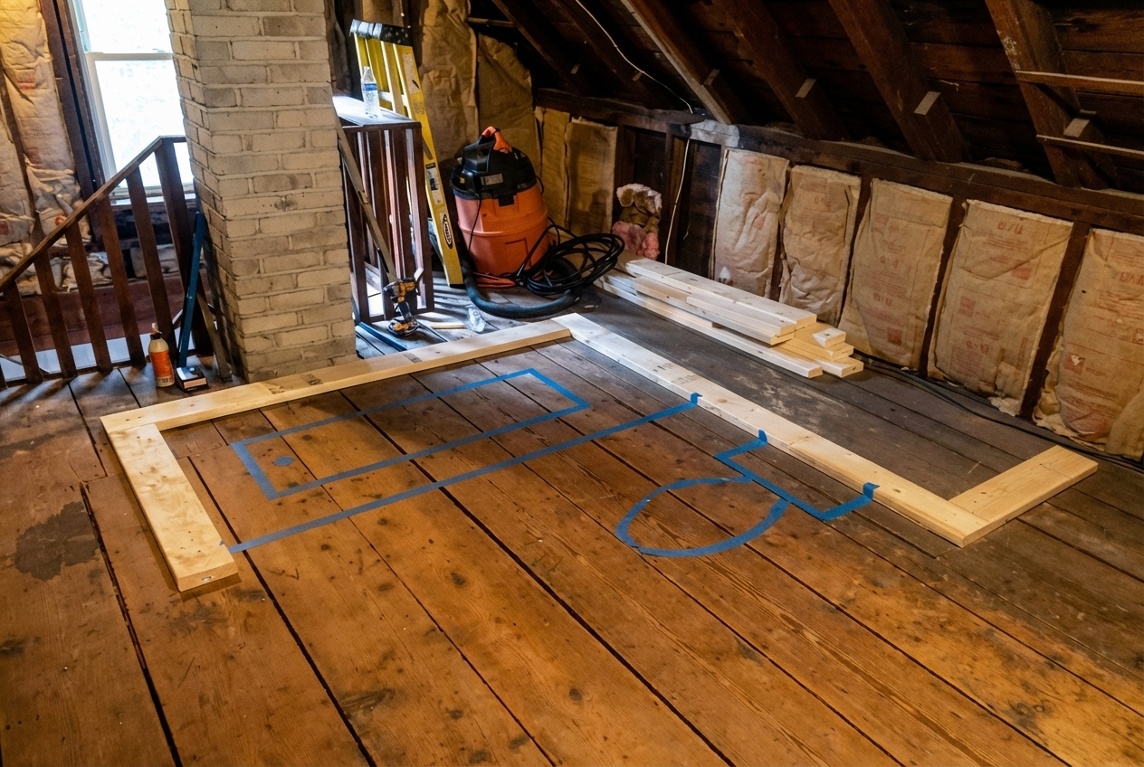 Attic space under renovation with wooden framing, insulation, construction tools, and a marked ground outline for a new structure.