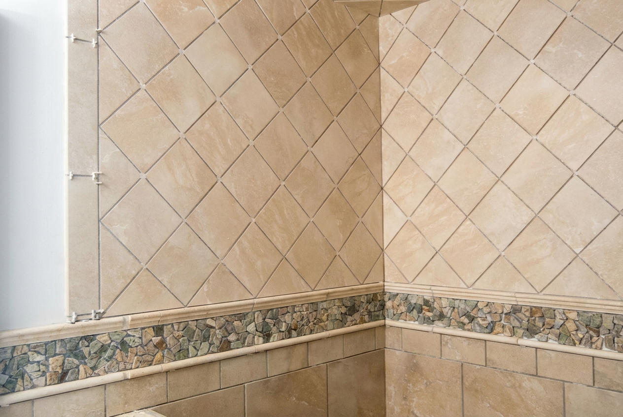 Close-up of a corner in a shower with beige tiles, a decorative stone border, and visible plumbing pipes.