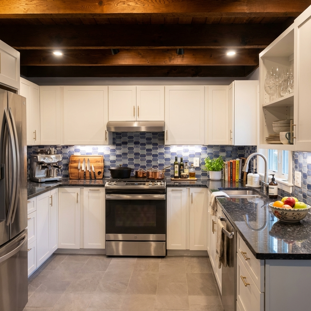 Modern kitchen with white cabinets, black countertops, blue tile backsplash, stainless steel appliances, and wooden ceiling beams.
