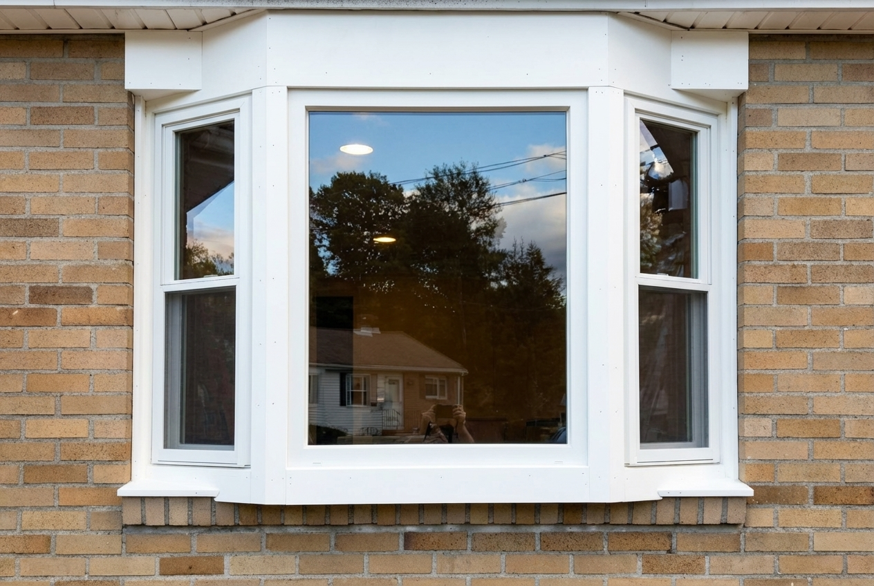 A large white-framed bay window on a brick house, reflecting trees and the sky.