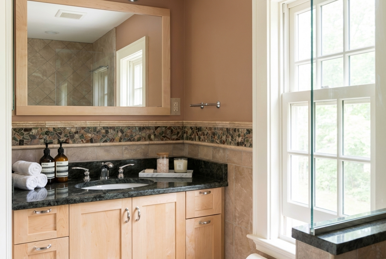 Bathroom vanity with a dark green granite countertop, light wood cabinets, and a large mirror. Items on the counter include rolled white towels, soap dispensers, a candle, and bath salts. There is a window with divided panes to the right of the vanity, and a partial view of a shower with beige tiles and a glass enclosure reflected in the mirror.