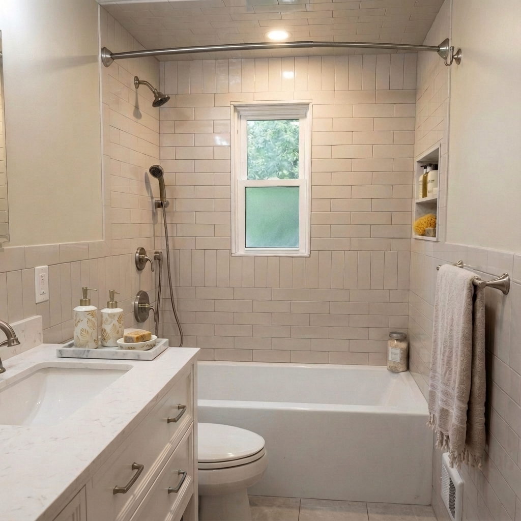 Bathroom with a bathtub and shower, small window, white tile walls, white vanity with marble top, soap and lotion bottles, soap dish, towel rack with a white towel, scent jar, and built-in wall shelf with toiletries.