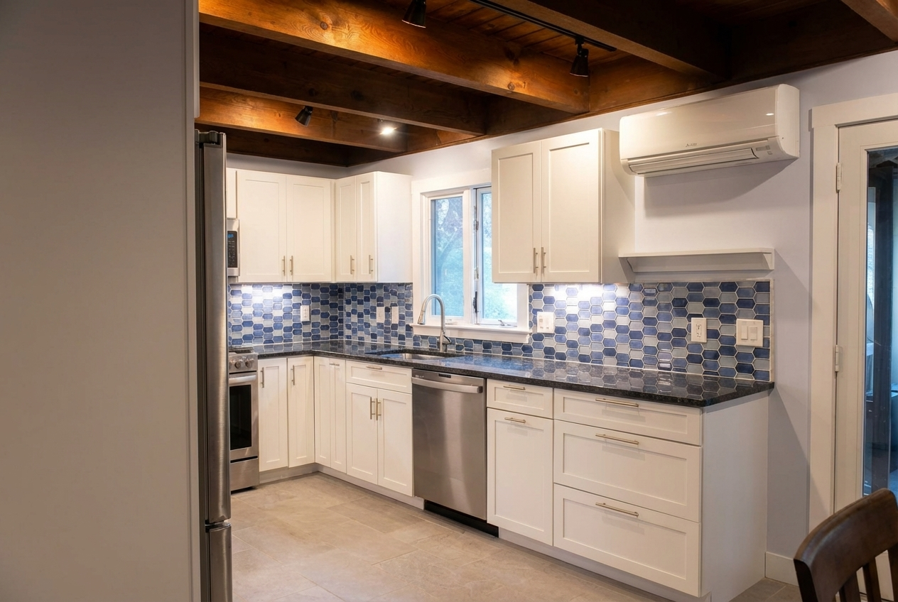 Kitchen with white cabinets, blue hexagon tile backsplash, granite countertop, stainless steel appliances, and wooden ceiling beams.