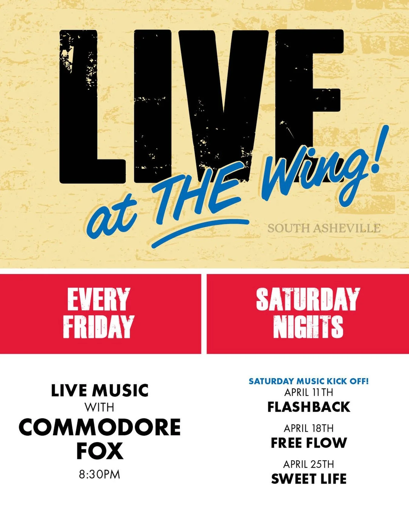 Live Music is back on Saturday nights this month, kicking off with Flashback band on April 11th! 🎶 

See who&rsquo;s taking the stage this month and make your plans to join us for weekend live music!