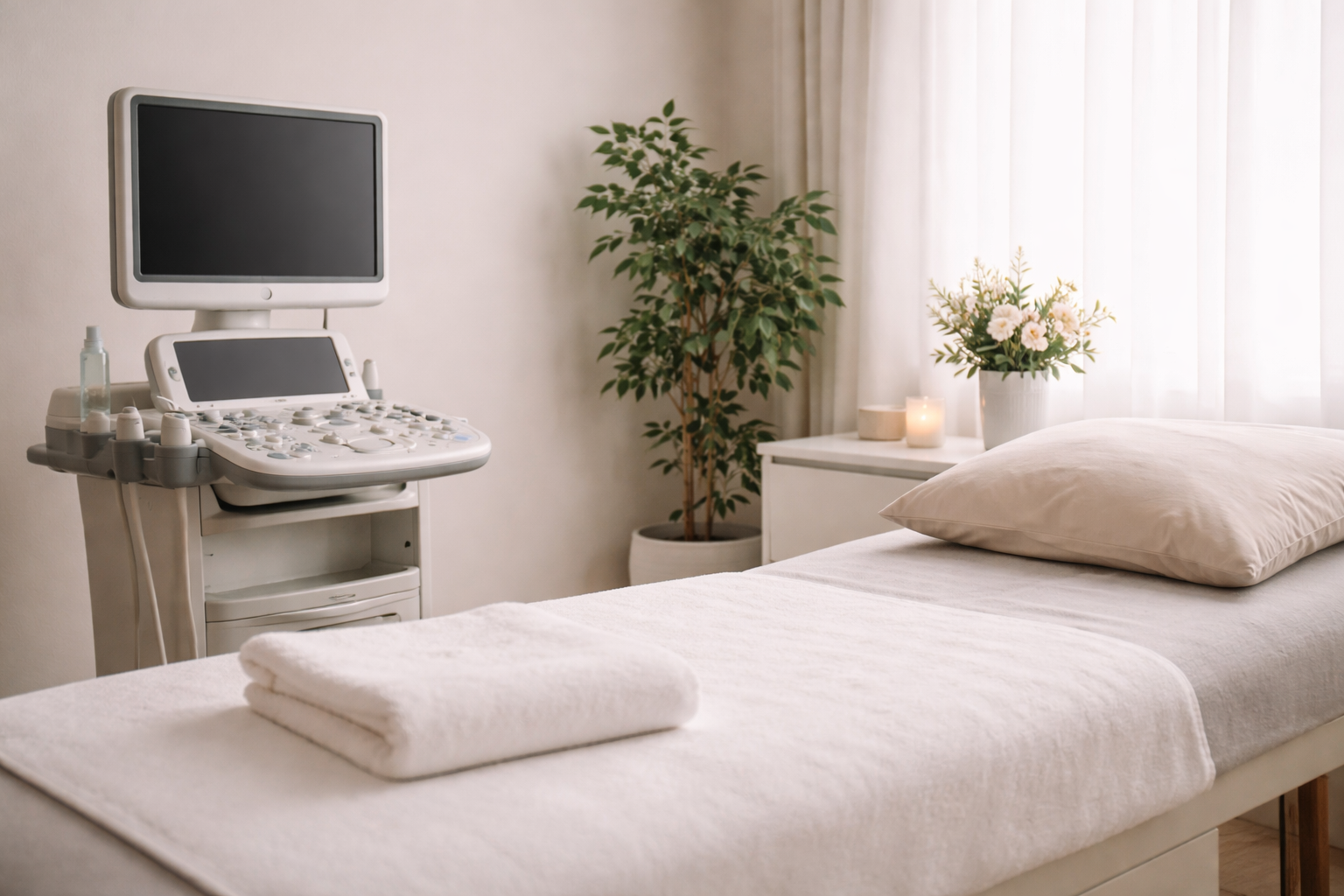 A medical examination room with an ultrasound machine, a bed with a folded towel, a pillow, a potted plant, and lit candles near a window with sheer curtains.