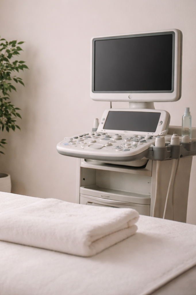 Medical ultrasound machine next to a massage table with folded towels and a potted plant in the background.
