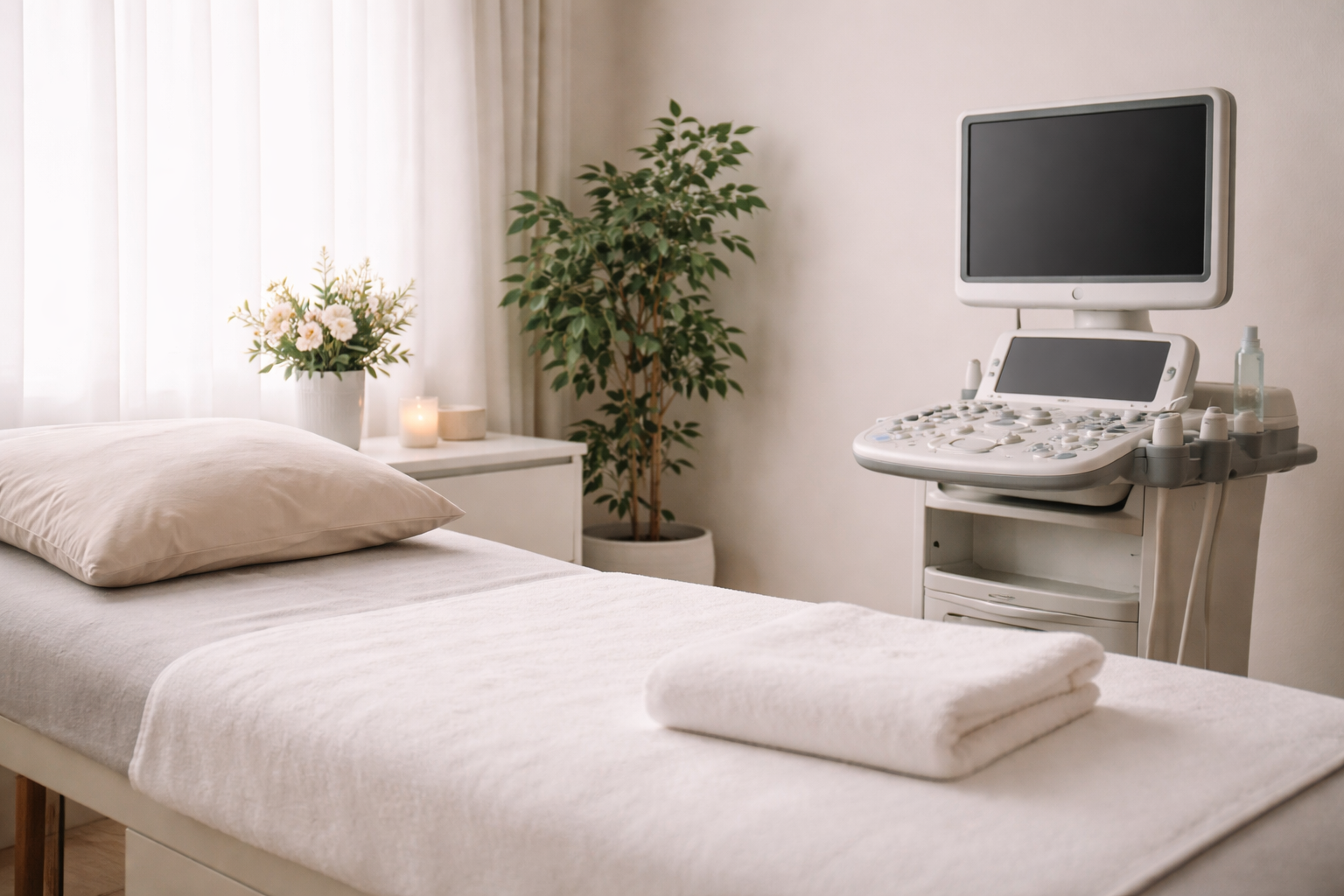 A clean medical examination room with a bed, a pillow, a folded towel, a potted plant, a nightstand with flowers and candles, and an ultrasound machine.