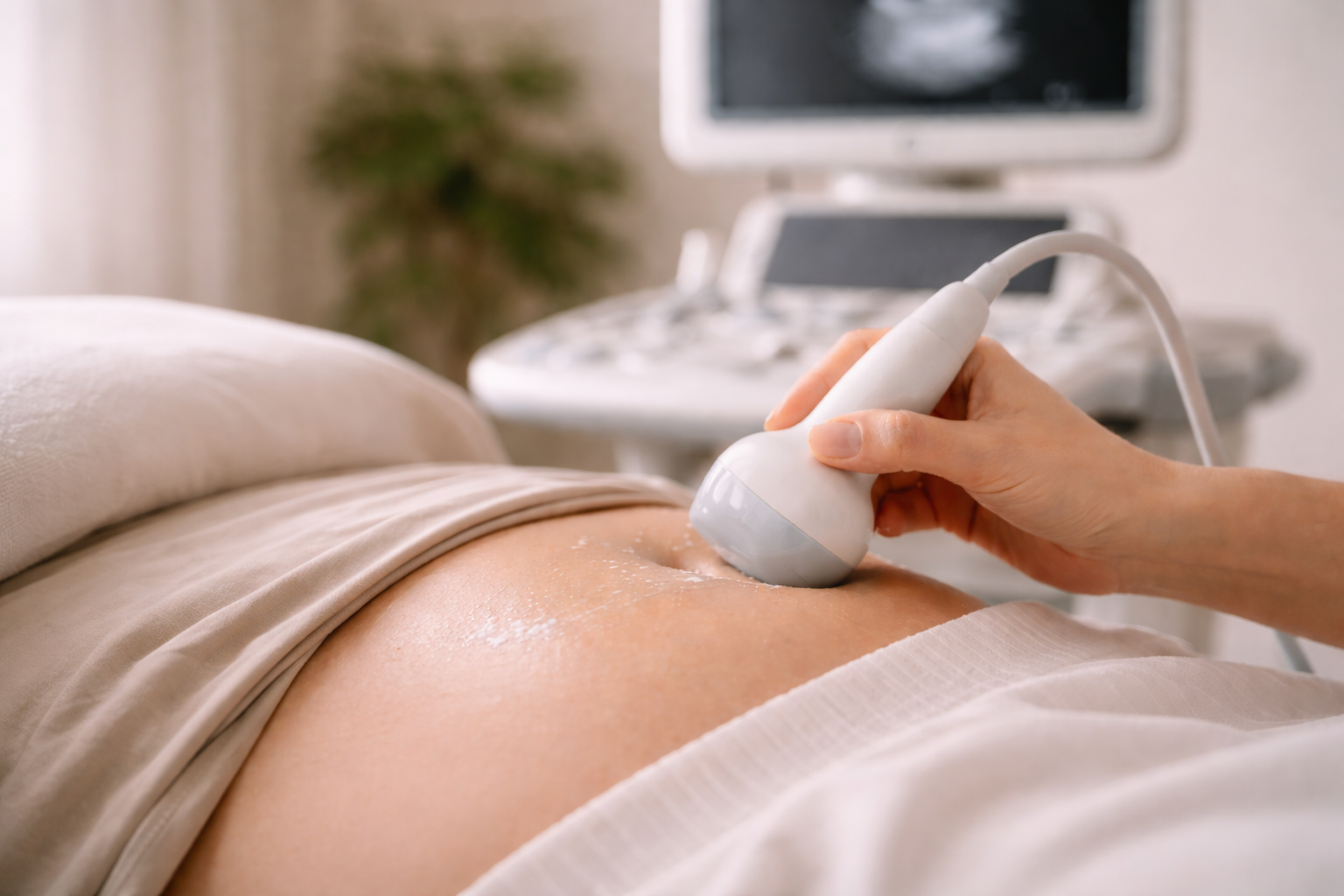 A medical professional performs an ultrasound procedure on a patient's abdomen in a clinical setting.