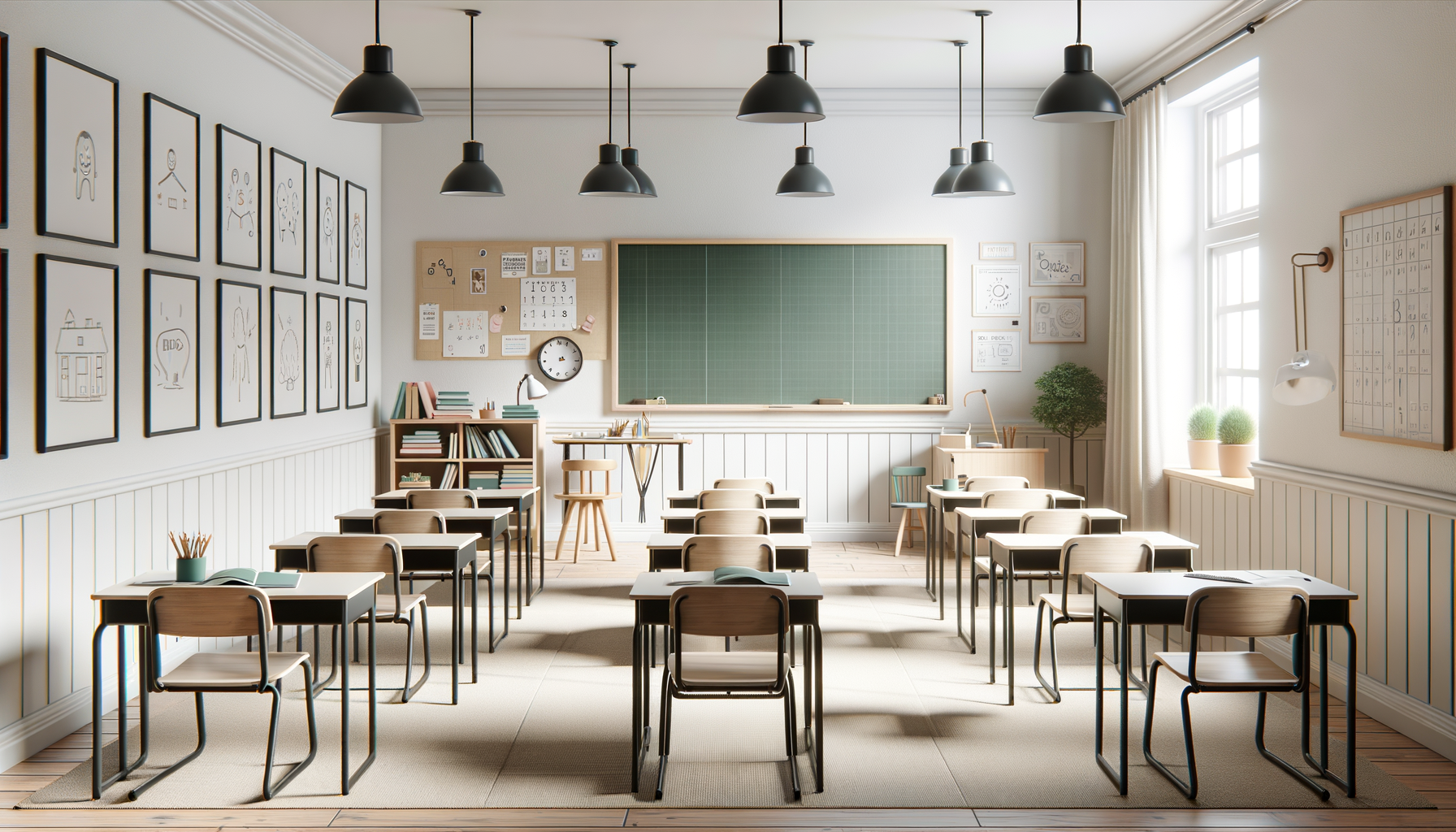 Empty classroom with desks, chairs, a chalkboard, and wall art, illuminated by sunlight through large windows.