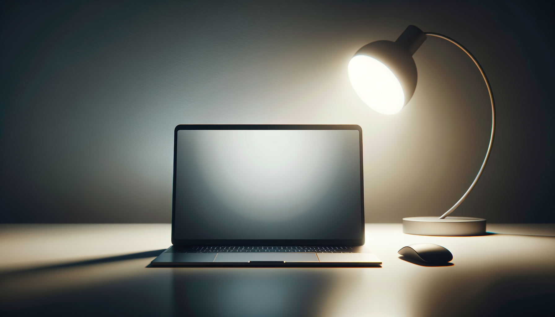 A laptop, a mouse, and a modern desk lamp on a white desk in a dimly lit room.