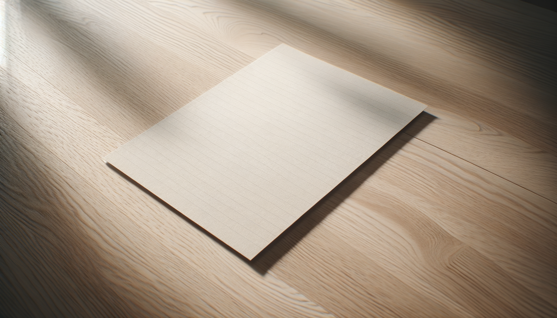 A blank lined sheet of paper placed on a light wooden surface with sunlight casting shadows.