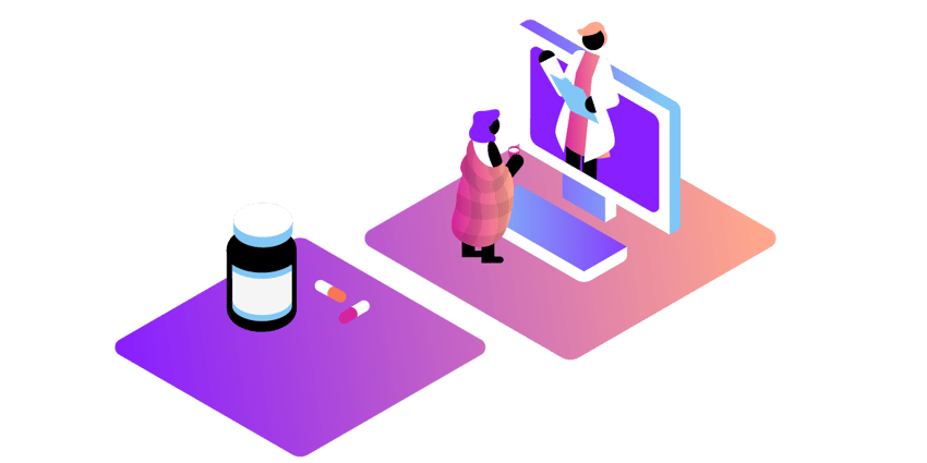 An artist in a plaid shirt and mask painting a doctor on a computer screen, with a medication bottle and capsules nearby.