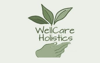 Illustration of green leaves above the text 'Wellcare Holistics' with a hand underneath, on a white background.